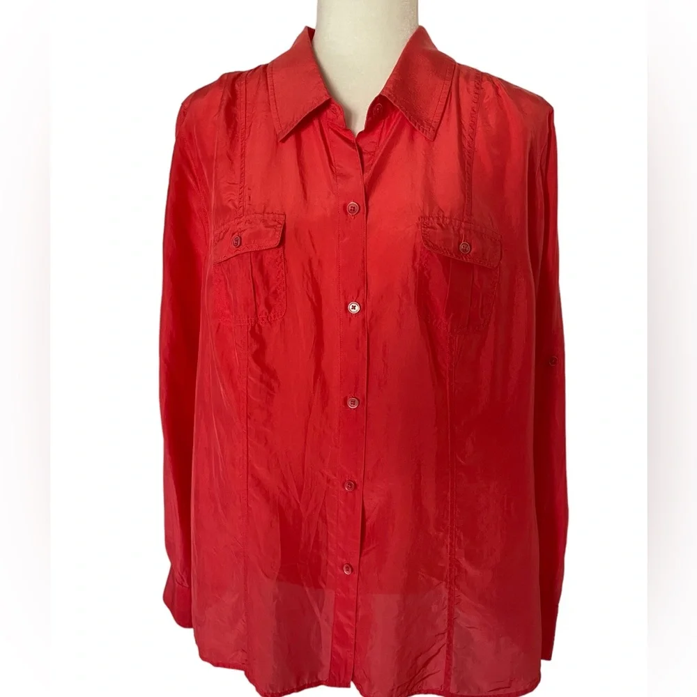TOMMY BAHAMA CORAL 100% SILK BLOUSE Size XL Long Sleeved Button Down - Picture 2 of 14